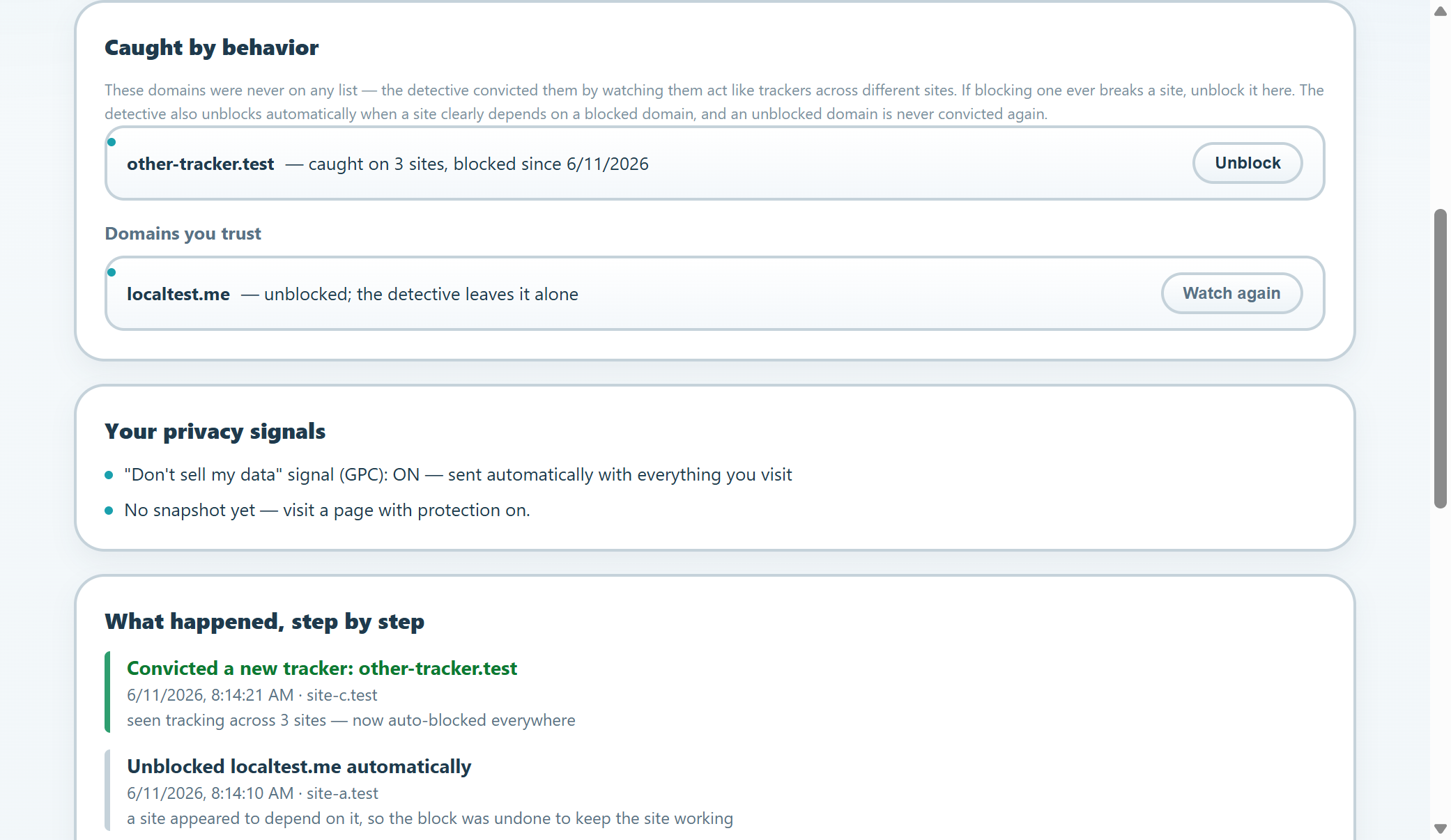 Report page showing a behavior-convicted tracker with an Unblock button