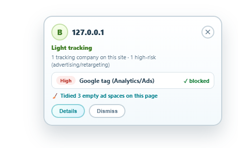 On-page summary card showing a blocked tracker and tidied ad spaces